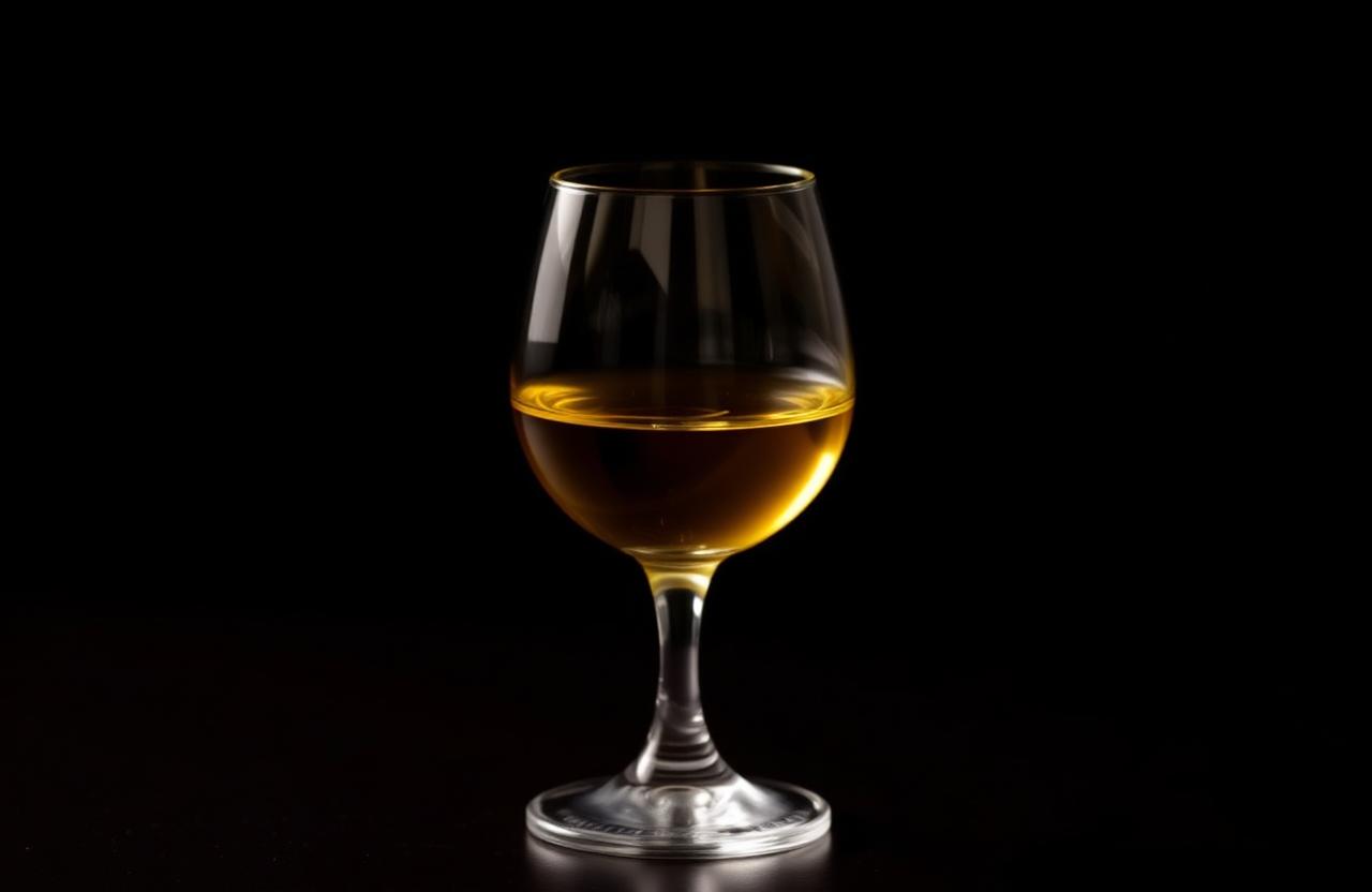 A small pour of golden dessert wine in a petite stemmed glass with a soft warm glow.