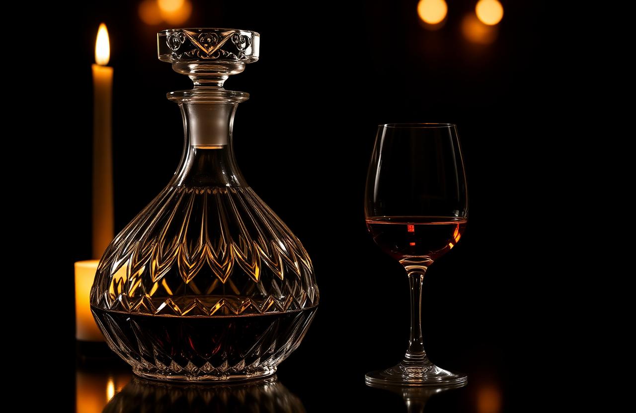 A crystal decanter and a single wine glass in candlelight against a dark background.
