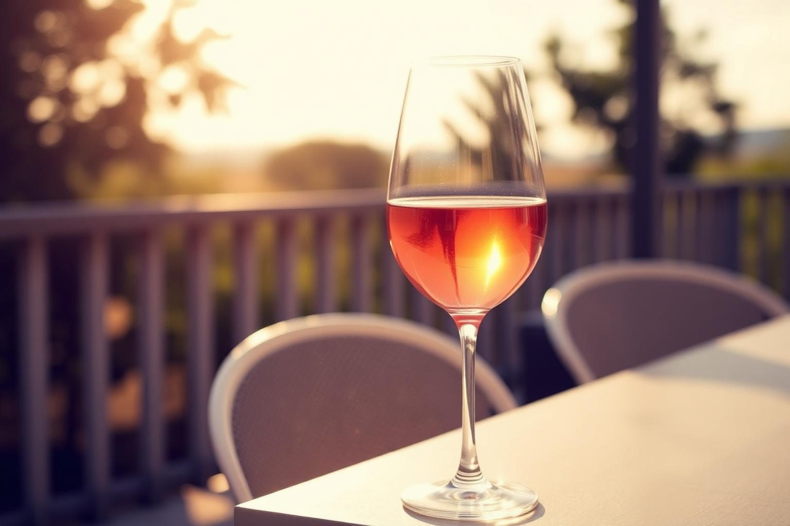 A pale dry Provence-style rosé in a stemmed wine glass on a sunlit terrace.