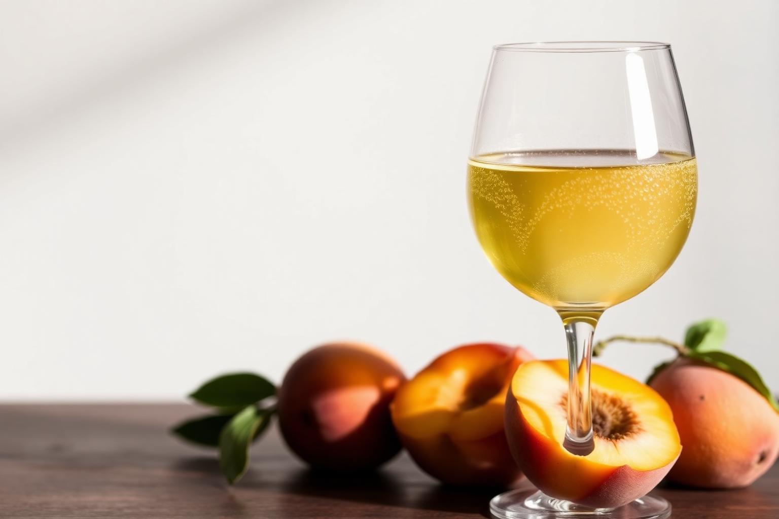 A glass of textured white wine beside ripe stone fruit in soft daylight.