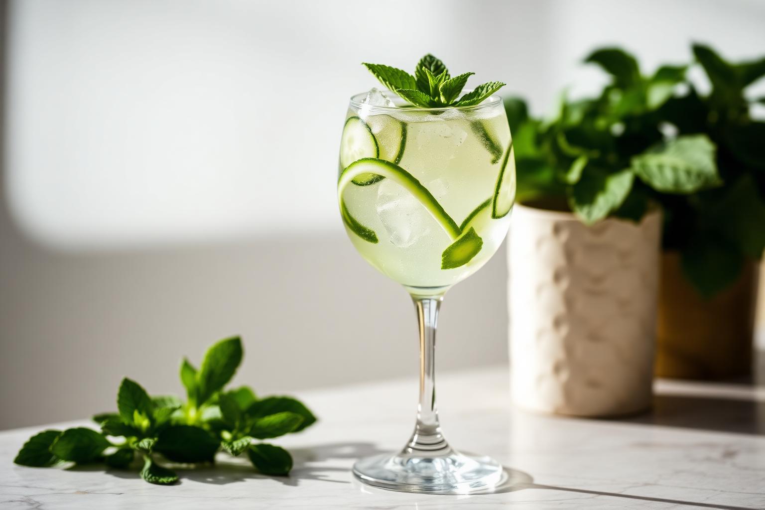 A pale green herbaceous non-alcoholic spritz with cucumber ribbons and mint in a stemmed wine glass.