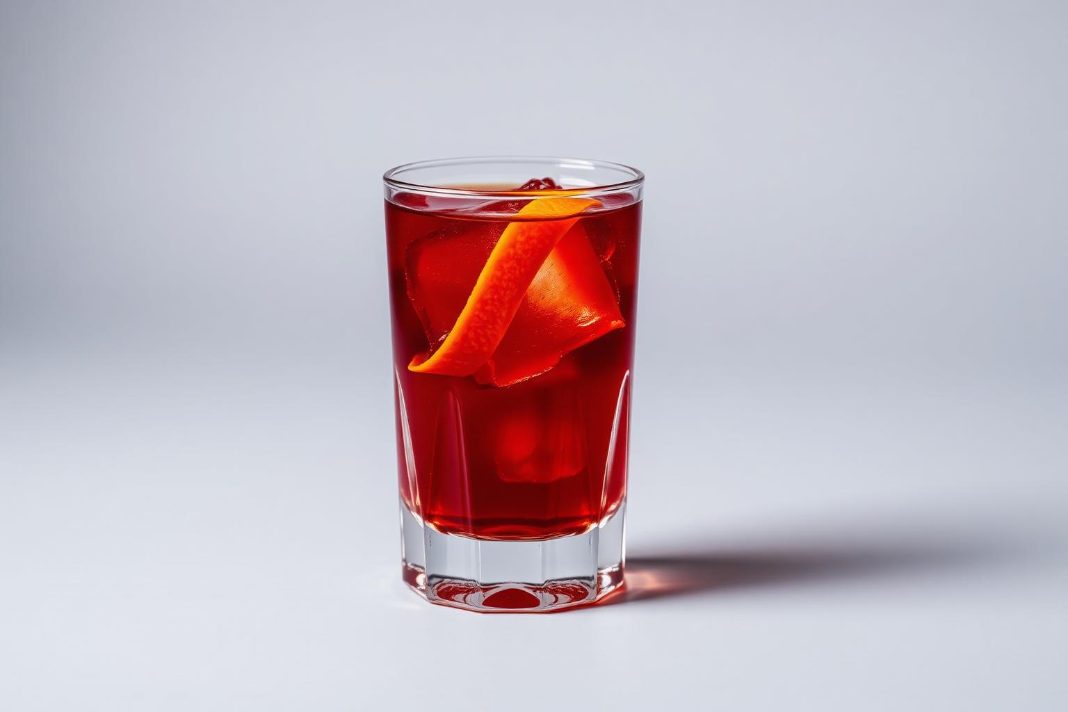 A deep red Negroni in a rocks glass with a curled orange peel, clean studio light.