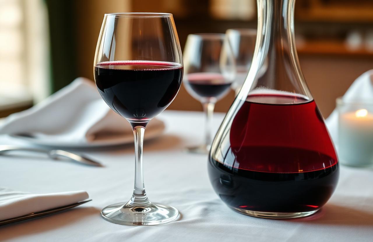 A glass of red wine beside a glass decanter on a classic white-linen restaurant table setting.