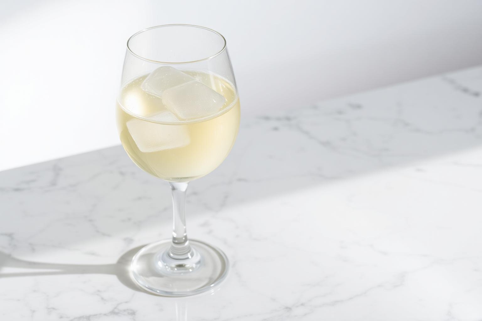 A chilled glass of pale white wine on a marble surface with light condensation in bright daylight.