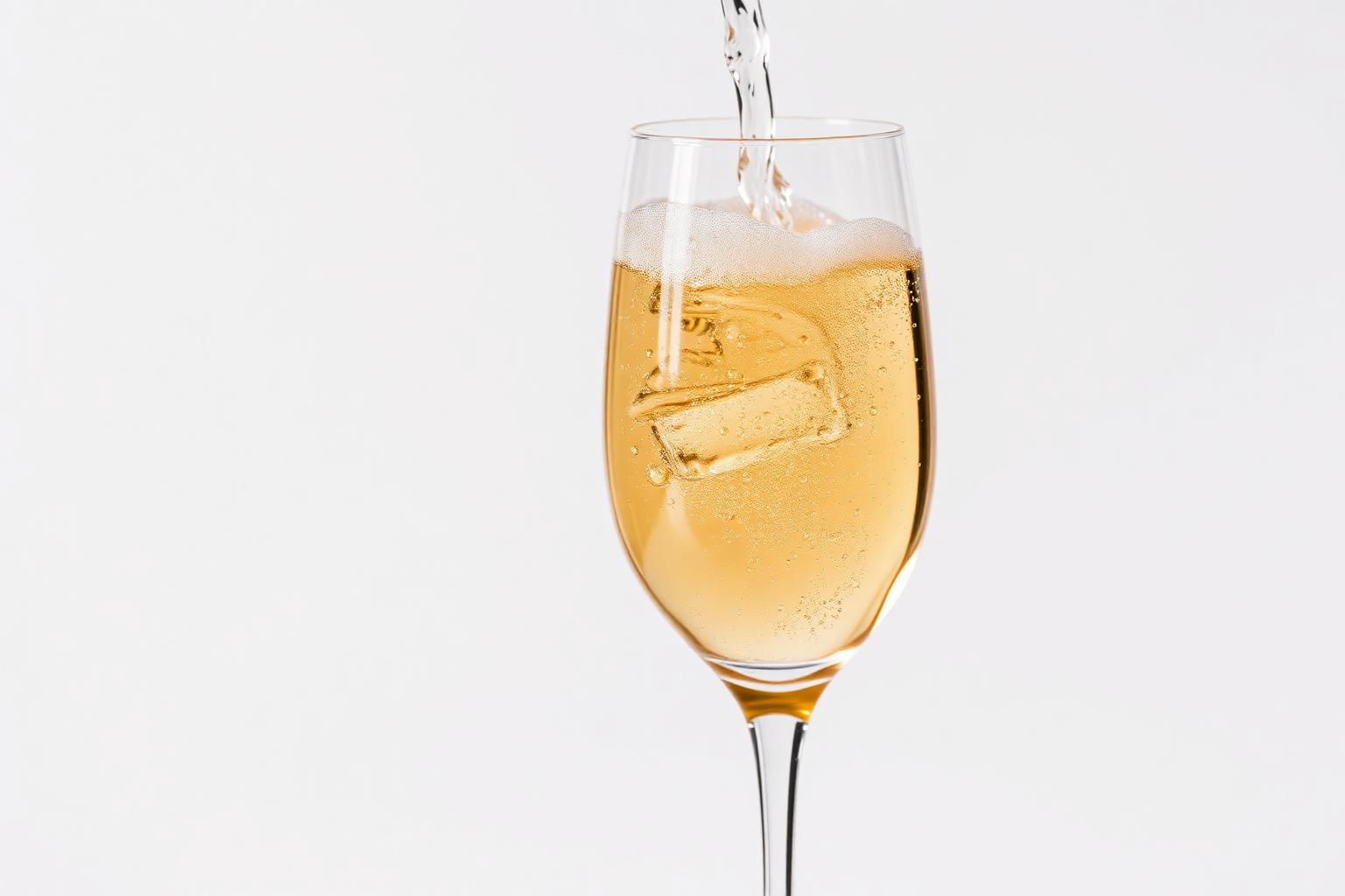 A pour of Champagne with fine bubbles rising in a tulip glass against soft natural light.