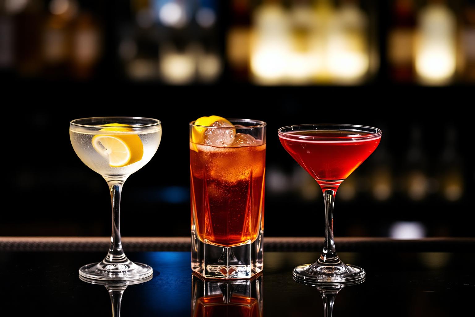 A row of three classic cocktails on a dark polished bar: a clear coupe, an amber rocks glass, a red martini glass.