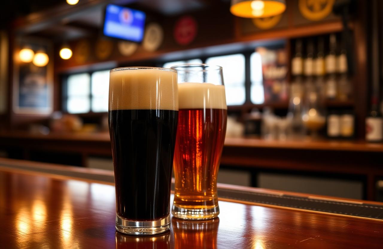 A pint of stout settling beside a tall craft lager on a polished pub bar in warm low light.
