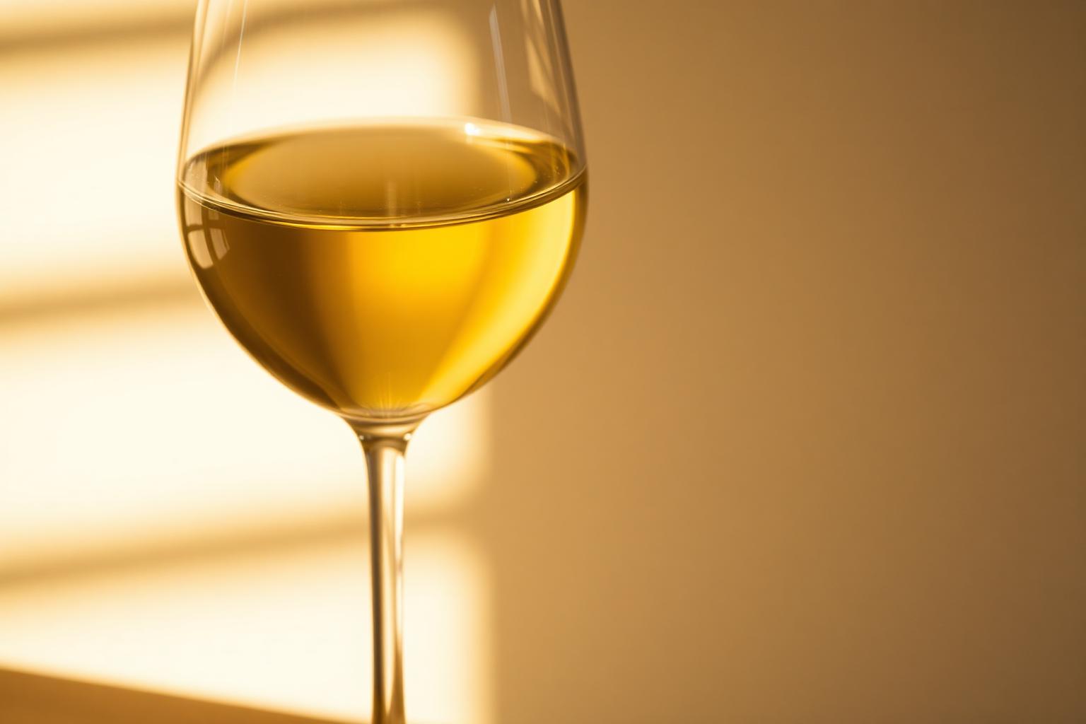 A golden white wine in a wide Burgundy glass under warm low light.