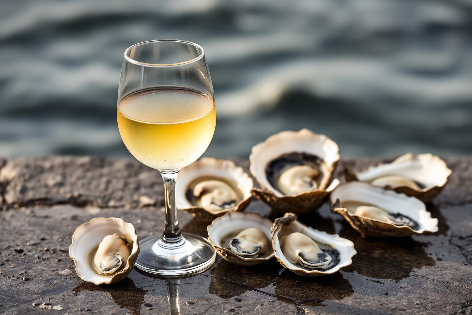 A glass of pale white wine beside fresh oyster shells on wet stone, cool daylight.