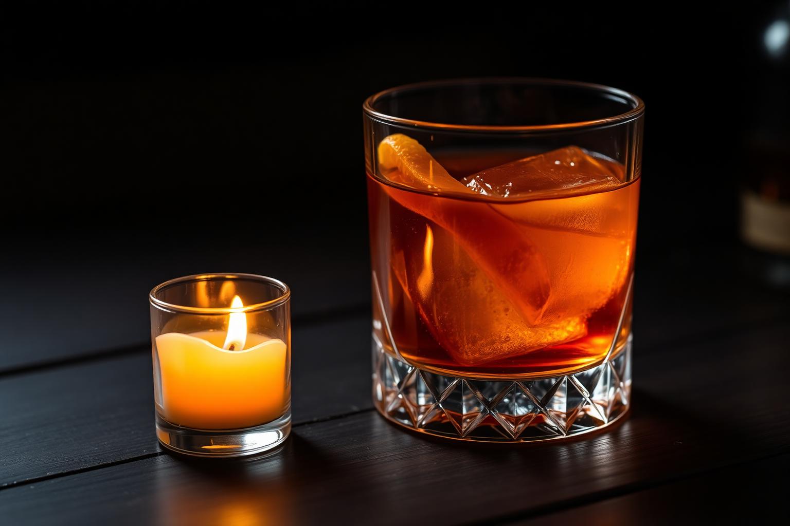 An amber Old Fashioned in a rocks glass beside a single lit candle, warm golden glow.