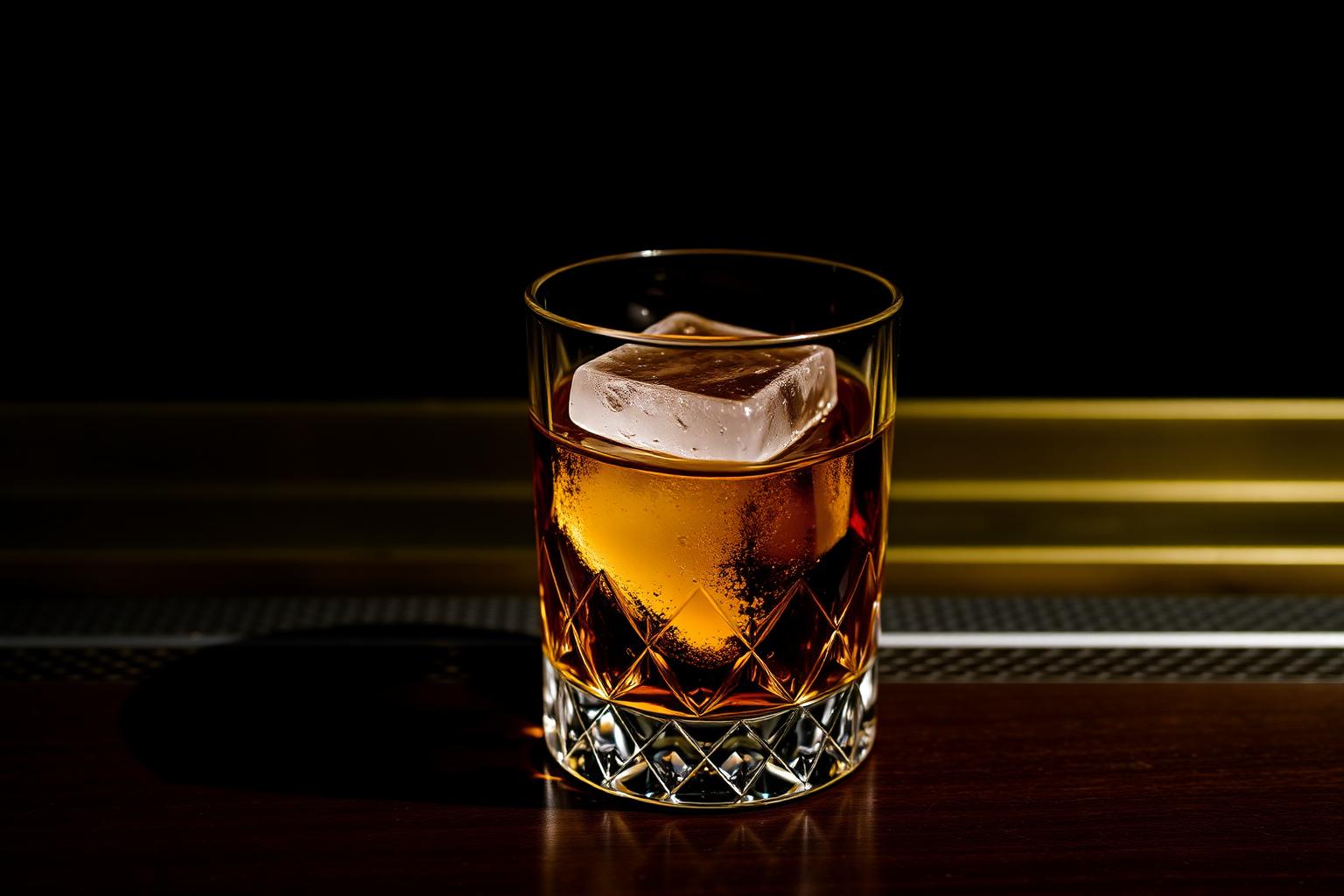 A short dark whiskey cocktail over a single large ice cube in a heavy rocks glass, moody low light.