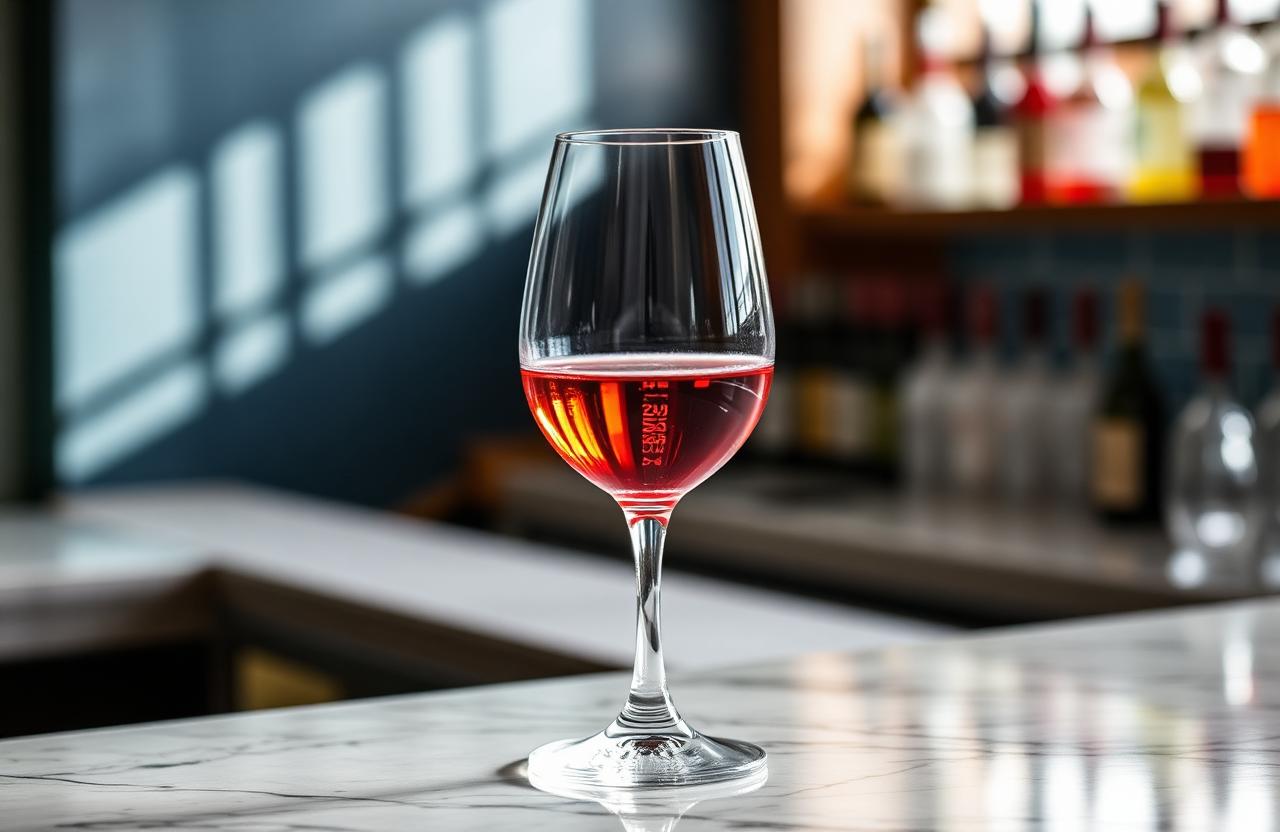 A translucent light red wine in a Burgundy glass on a marble bar in bright natural daylight.