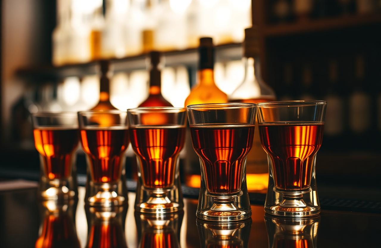 A row of amber spirits in glasses lined up on a back bar in warm low light.