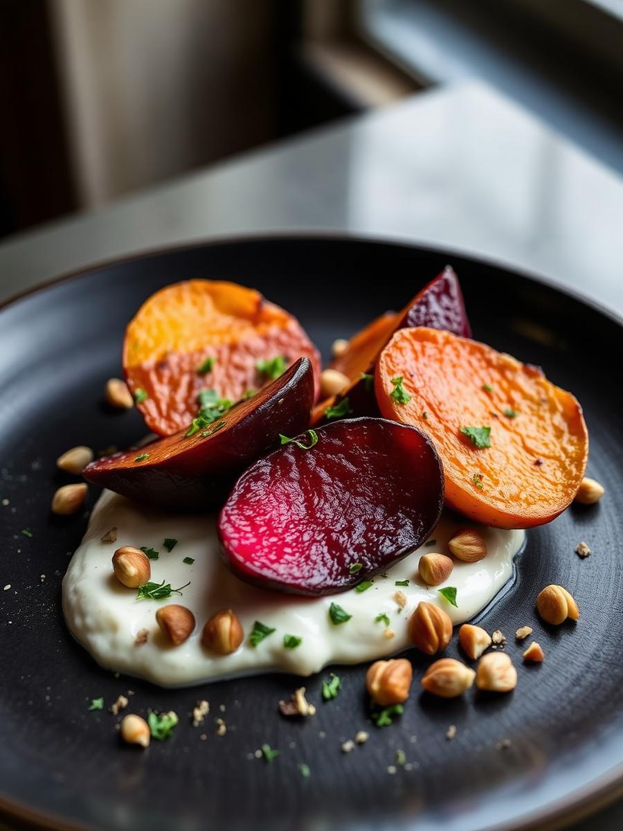 Roast beetroot, whipped goat curd, hazelnut