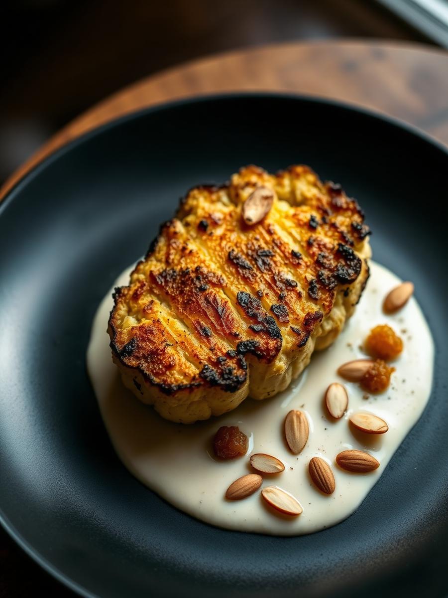 Roast cauliflower steak, almond cream, raisin