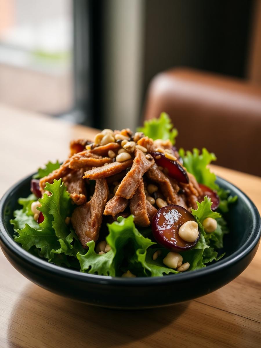 Crispy duck salad, plum, cashew, sesame