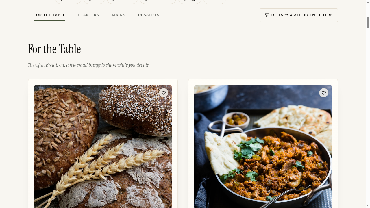 Editorial menu style preview — photography-led restaurant menu layout in Crumb