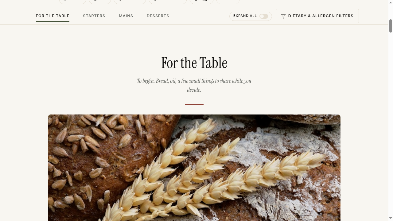 Hybrid menu style preview — section hero image with typographic dish rows in Crumb