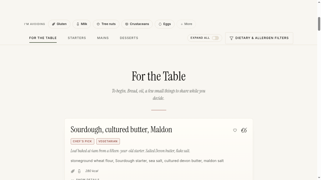 Typographic menu style preview — image-free editorial restaurant menu layout in Crumb