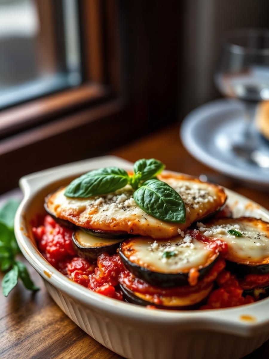 Aubergine parmigiana, basil, aged pecorino