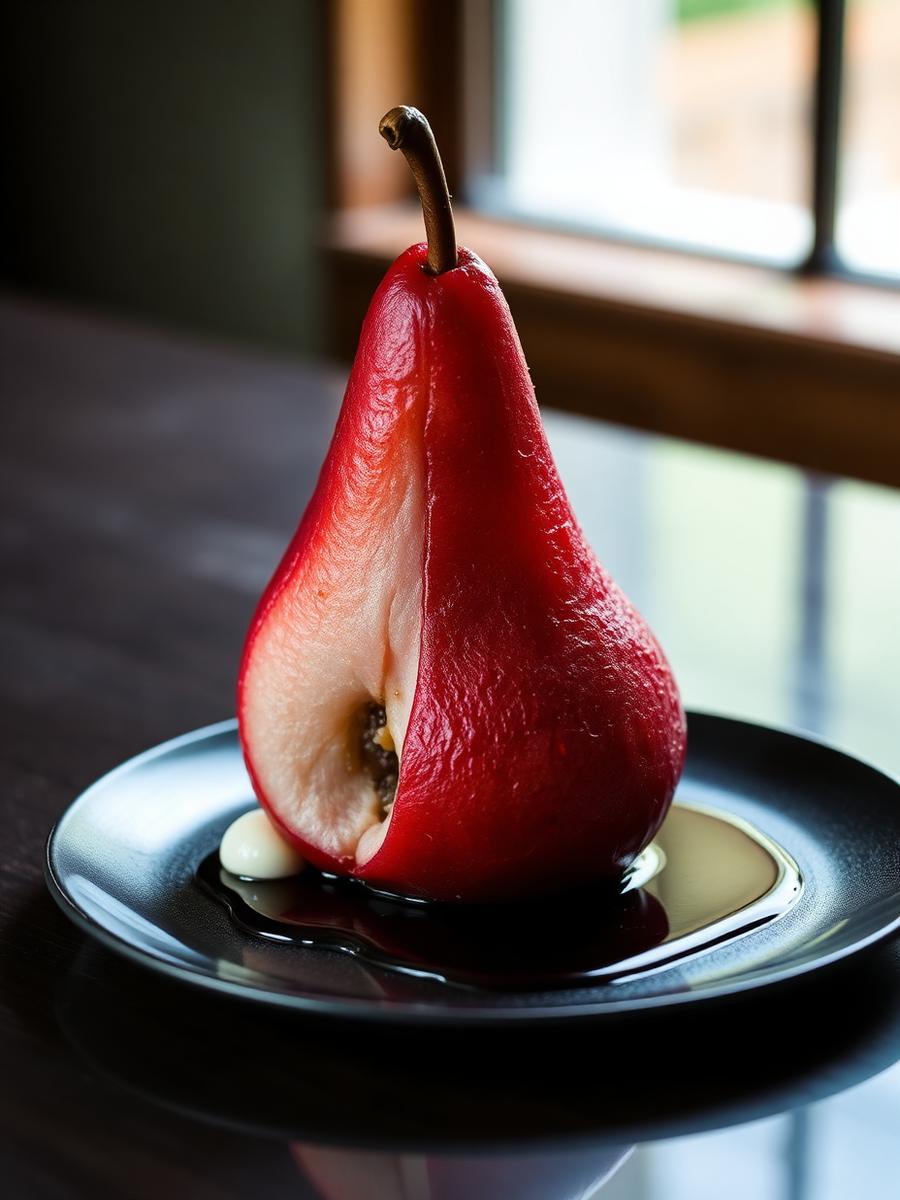 Pear poached in red wine, mascarpone