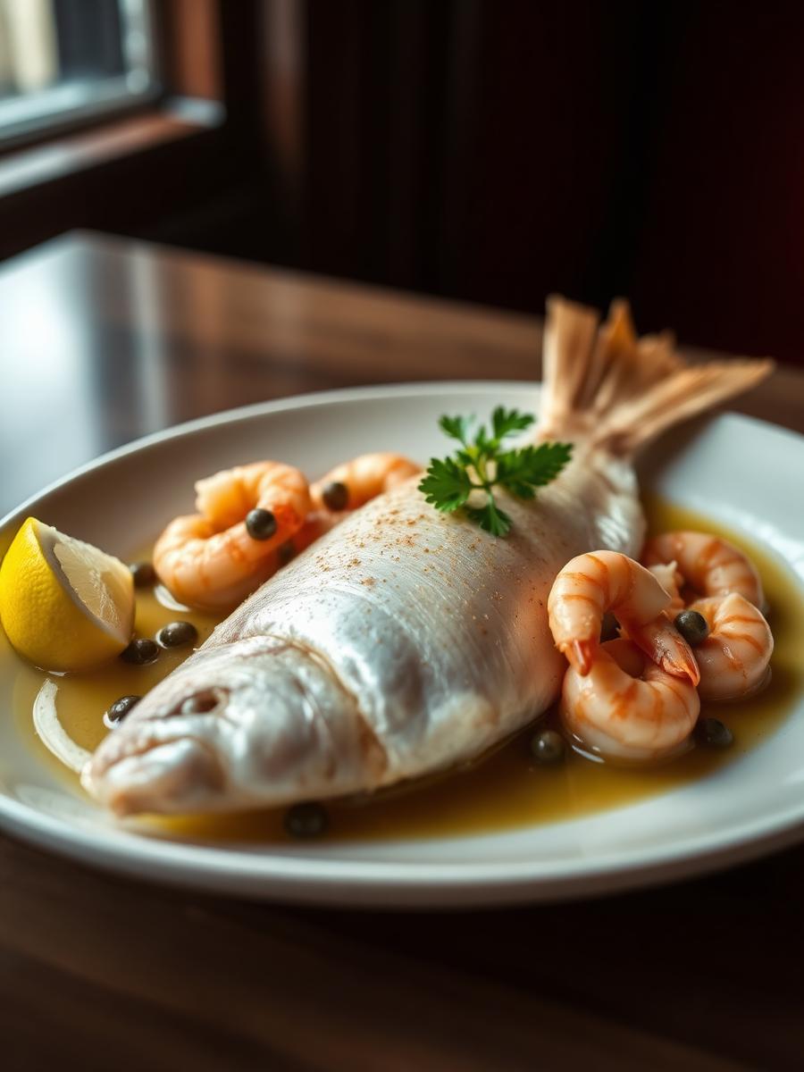 Whole Dover sole, brown shrimp, capers